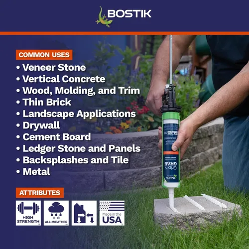 Vista 5 de Bostik Grip n Grab 9.5oz adhesivo de agarre instantáneo Premium resistente Grado profesional Impermeable para uso interno y externo, bajo olor