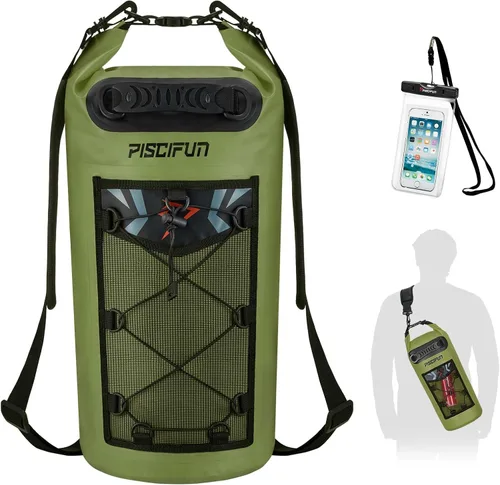 Piscifun Bolsa seca, mochila flotante impermeable 10L/20L/30L/40L con funda impermeable para teléfono para navegación, kayak, pesca