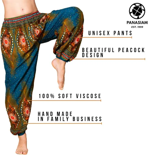 Vista 6 de PANASIAM Muck Harem Pantalones en diseño de pavo real, 100% natural, suave, viscosa, de producción justa.