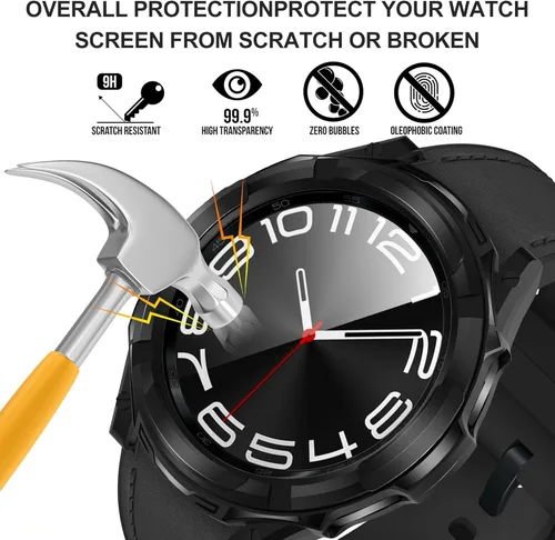 Vista 3 de Suoman Funda 3 en 1 para Samsung Galaxy Watch 6 Classic de 1.850 in, protector de pantalla de vidrio templado HD, cubierta protectora completa