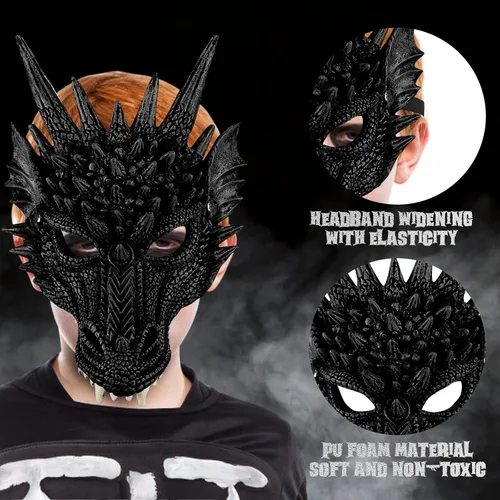 Vista 7 de Disfraz de dragón para niños y niñas, conjunto de máscara de cola de dragón para cosplay, disfraz de dragón de Halloween