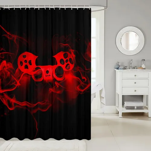 Vista 2 de Cortina de ducha con estampado de consola de videojuegos para niños, decoración de sala de juegos, cortinas de ducha de tela con control