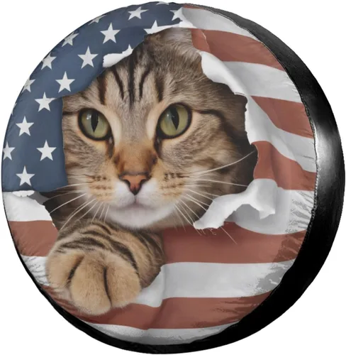 Delerain Cubierta de neumático de repuesto con bandera estadounidense, cubierta de rueda de gato, protección solar impermeable para camiones,