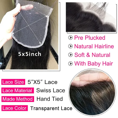 Vista 3 de Lemoda Cierre de encaje transparente HD de 5 x 5, lacio, 12A, cabello humano virgen brasileño, parte frontal libre, prearrancado con abuelitos