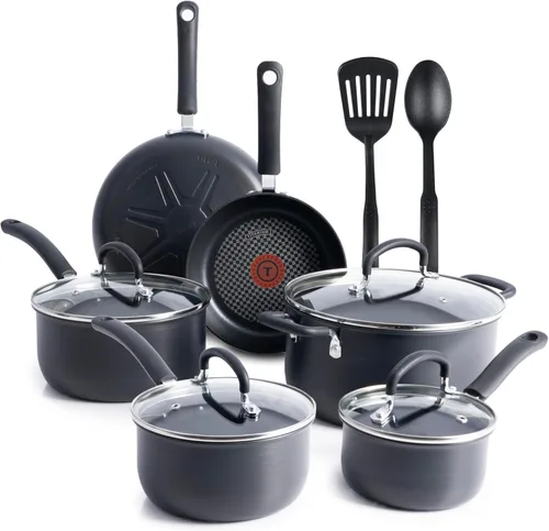 T-fal Ultimate - Juego de utensilios de cocina antiadherentes de aluminio anodizado duro de 12 piezas, apto para horno y asador 400°F, tapa segura