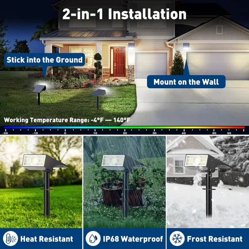 Vista 5 de Luces Solares de Punto al Aire Libre, 2 Pack de Luces Solares al Aire Libre para Patio Impermeables, 4 Modos de Iluminación de Focos Solares