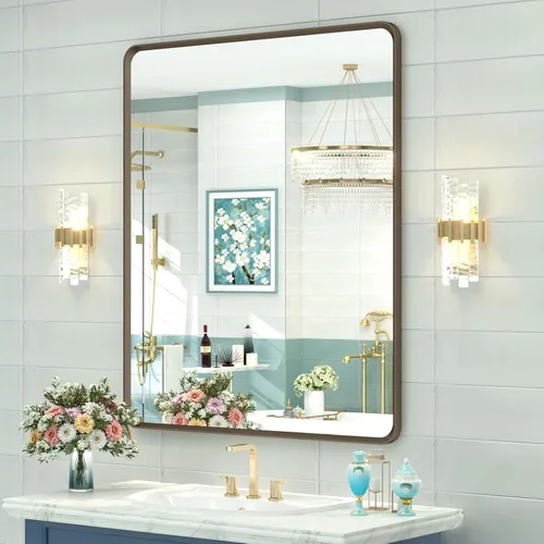 Vista 11 de OKPAL Espejo de Baño con Marco de Metal Negro de 40 x 36 Pulgadas para Pared, Espejo de Tocador de Baño Negro Mate, Espejo Rectangular Redondeado