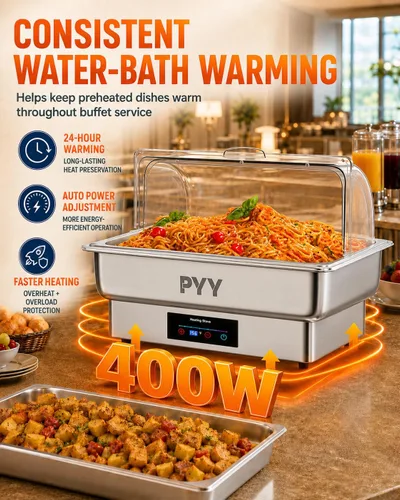 Vista 4 de Plato de roce eléctrico de tamaño completo PYY de acero inoxidable, control de temperatura, juego de plato de roce para buffet para catering, buffets