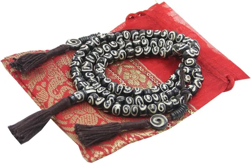 Vista 2 de DharmaObjects Yogui tibetano hueso oscuro espiral 108 cuentas Mala collar contador bolsa de seda libre, Hueso, Hueso