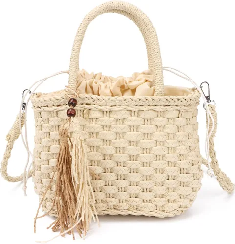 Ynport Bolso de paja para mujer, de verano, playa, con cordón, de ratán, hecho a mano, tejido hobo
