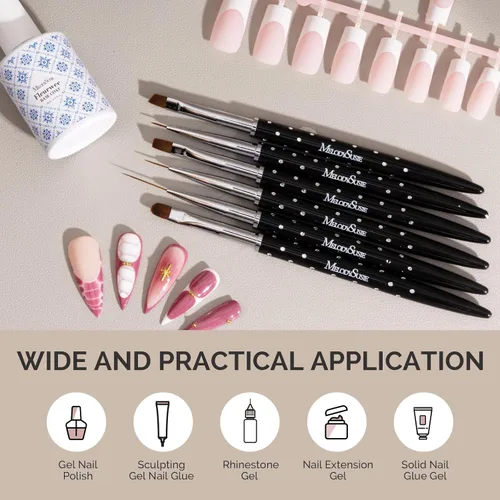 Vista 7 de MelodySusie Juego de 6 pinceles para arte de uñas, cepillo profesional de gel para uñas, extensión de uñas y cepillo constructor, cepillo delineador