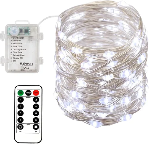 Vista 2 de 4 x Cadenas de luces de hadas, funciona con pilas, cadenas de alambre plateado, 8 modos, 5 m, 50 LEDs, cadena de luces con temporizador y control