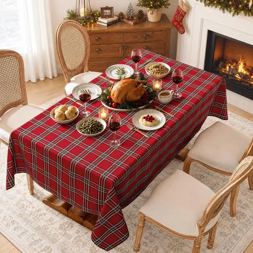 Vista 2 de Christmas Checkered Tablecloth Rectangle Christmas Tablecloth Washable Christmas Red