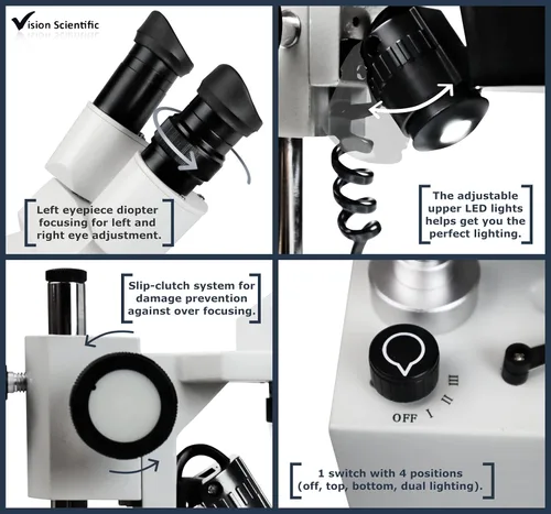 Vista 4 de Vision Scientific Microscopio estéreo binocular VMS0002-LD-12-ES2, oculares WF10x y WF20x, objetivos 1x y 2X, aumento de 10x, 20x y 40x, iluminación