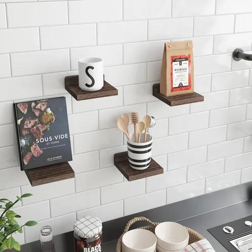 Vista 5 de Fixwal Estante pequeño para pared, estantes flotantes de 5 x 5 pulgadas, juego de 4, estantes pequeños de madera rústica para dormitorio, sala