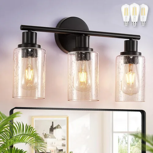 Vista 26 de DLLT Juego de dos apliques de pared: modernas lámparas de tocador de baño - Lámparas de tocador color negro mate con pantalla de vidrio transparente