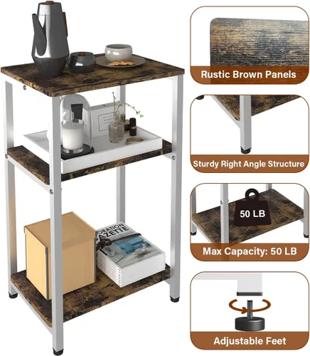 Vista 3 de Mesa auxiliar de 3 niveles, mesa auxiliar resistente con estantes, mesa de noche estrecha para espacios pequeños, mesa de tocadiscos para Blanco