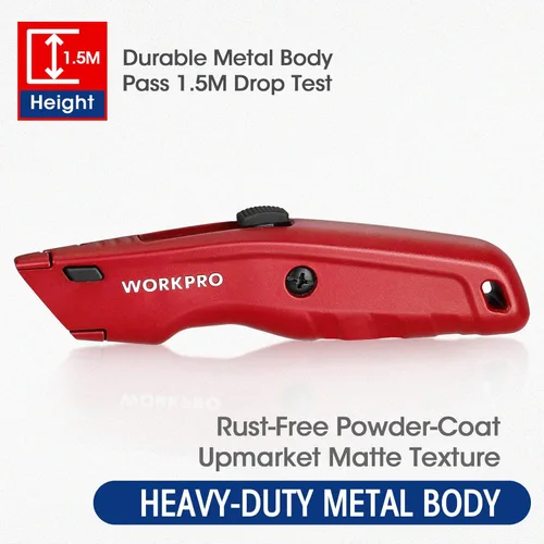 Vista 3 de WORKPRO Cuchillo Utilitario Premium, Cortador de Caja Retractable Todo Metálico de Alta Resistencia, Cuchillo de Afeitar con Cambio Rápido