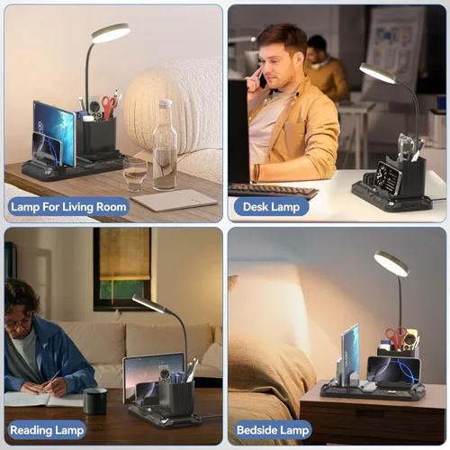 Vista 7 de KDD Lámpara de escritorio con puertos de carga USB A y C, luz de escritorio de lectura con bolígrafo y soporte para teléfono, luces de brillo