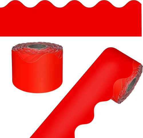Vista 11 de Carson Dellosa 65 pies de bordes rojos de frambuesa para tablón de anuncios, 1 rollo de borde festoneado para pizarra enrollable, corcho