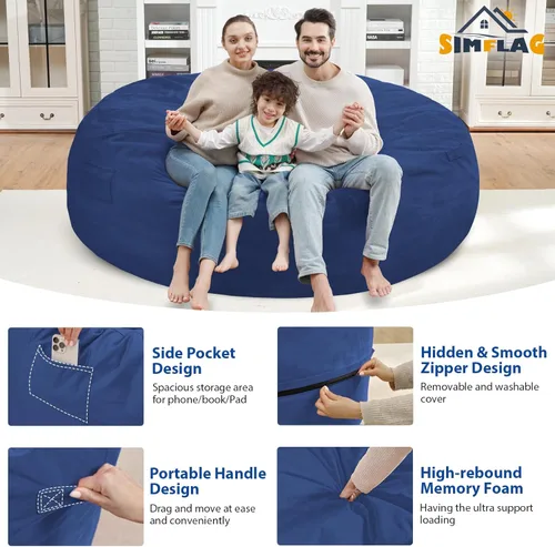 Vista 195 de Puf de 5 pies, puf grande con relleno de espuma viscoelástica, sofá puff esponjoso con funda de terciopelo holandés, puf redondo para sala de estar