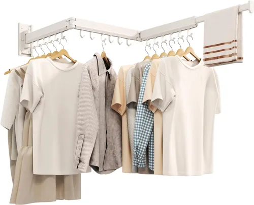 Vista 15 de Estante de secado de ropa montado en la pared, estante de secado de ropa plegable, estante de secado plegable retráctil para colgar ropa