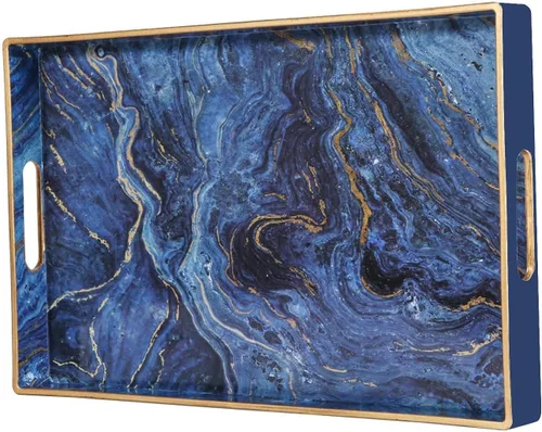 Vista 12 de Zosenley Bandeja decorativa, bandeja de plástico de mármol con asas, bandeja rectangular de tocador y bandeja de servir para baño, cocina, otomana