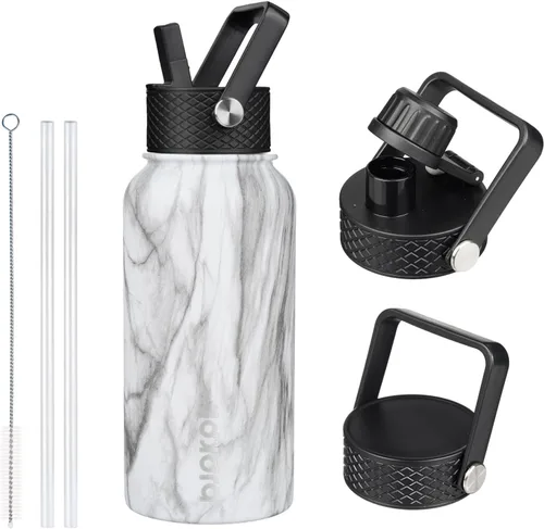 Vista 41 de BJPKPK - Botellas de agua aisladas con tapa de popote, botella de agua de acero inoxidable de 27 onzas con 3 tapas, termo de metal sin BPA a prueba