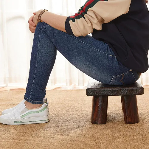 Vista 5 de Taburete de madera, taburete rectangular para mesita de noche, escalera para cocina y baño, taburete reposapiés debajo del escritorio, súper