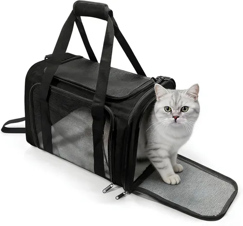 Transportador para perros para mascotas, hasta 25 libras, transportador de viaje plegable para cachorros con correa para el hombro y tapete Negro