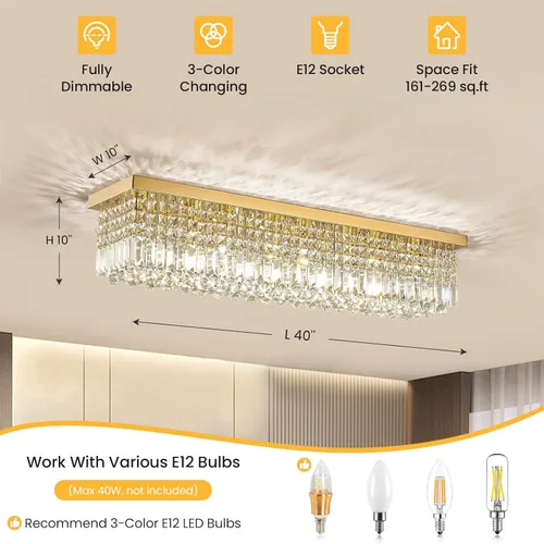 Vista 10 de Siljoy Candelabro de Cristal Moderno de 6 Luces Rectangular Dorado K9 Candelabro de Cristal en Forma de Gota de Lluvia para Comedor, Lámpara