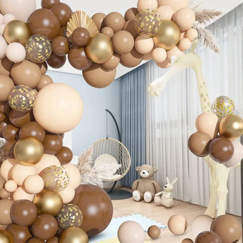 Vista 4 de Kit de arco de guirnalda de 150 globos marrones, diferentes tamaños, marrón, nude, bohemio, rubor, beige, dorado, neutro, para oso del bosque, baby
