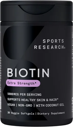 Sports Research Suplemento de biotina vegana extra fuerte (vitamina B) con aceite de coco orgánico, apoya la queratina para un cabello y una piel