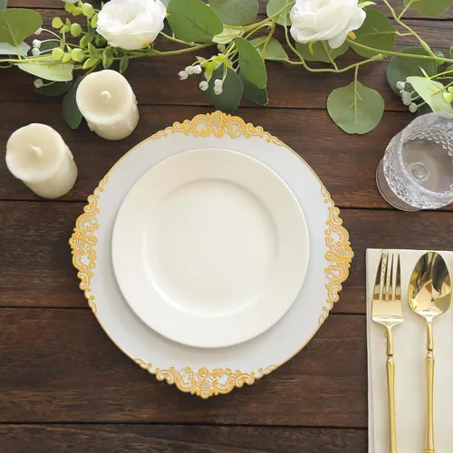 Vista 17 de Efavormart - Paquete de 10 platos redondos de plástico para ensalada de postre de 8 pulgadas, color negro/dorado, vajilla desechable con borde