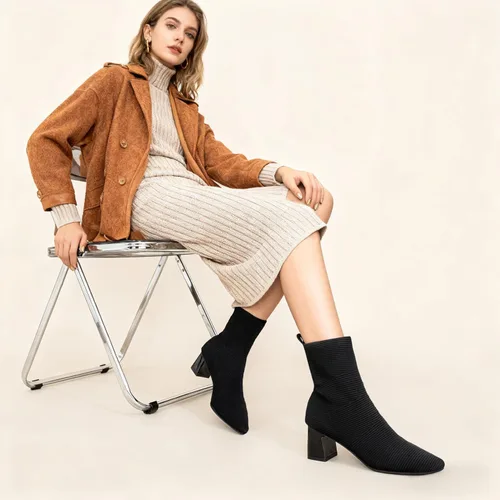Vista 2 de Women's Ankle Boots Comfortable Pointed Toe Breathable Sock Knit Low Heel Fall Work Office Booties