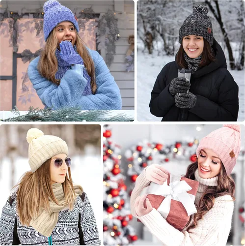 Vista 6 de Conjunto de bufanda larga de punto acanalado con forro polar y gorro para pantalla táctil, regalos para mujer