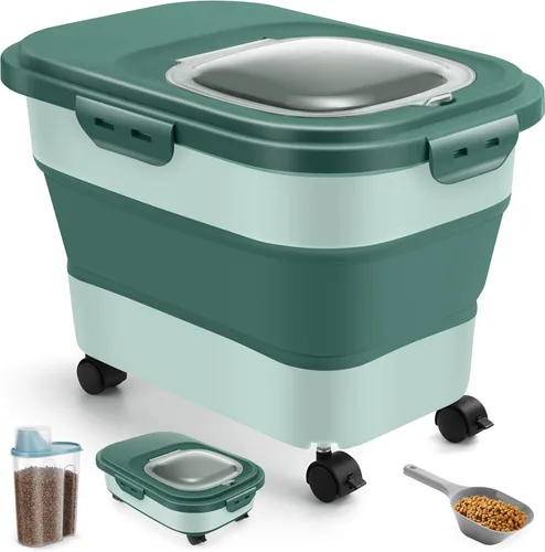 Vista 12 de ANVS Contenedor de Almacenamiento de Comida para Perros de 20 Libras Contenedor Plegable de Comida para Perros con Tapas Herméticas, Ruedas, Cuchara