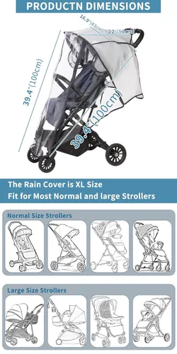 Vista 4 de Funda universal para la lluvia para cochecito, protector contra la intemperie transpirable transparente con cremallera impermeable, protección