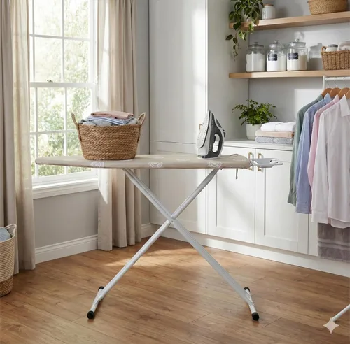 Vista 8 de Tabla de planchar beige con patas en T con funda de algodón, tabla de planchar plegable de 53 x 14 pulgadas, altura ajustable, uso doméstico