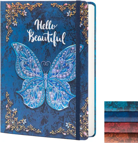 Diario universitario para escribir-B5 - Cuaderno de tapa dura en relieve de mariposa 3D - Diario de escritura para mujeres con banda elástica de Azul