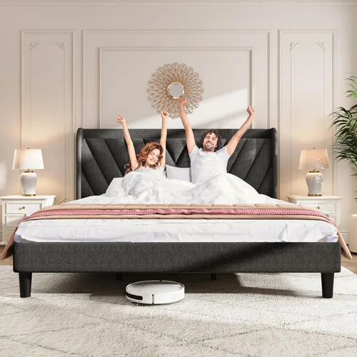 Vista 109 de koorlian Base de cama Queen con cabecero, base de cama tapizada ajustable con puertos tipo C y USB, cabecera de almacenamiento con respaldo de ala