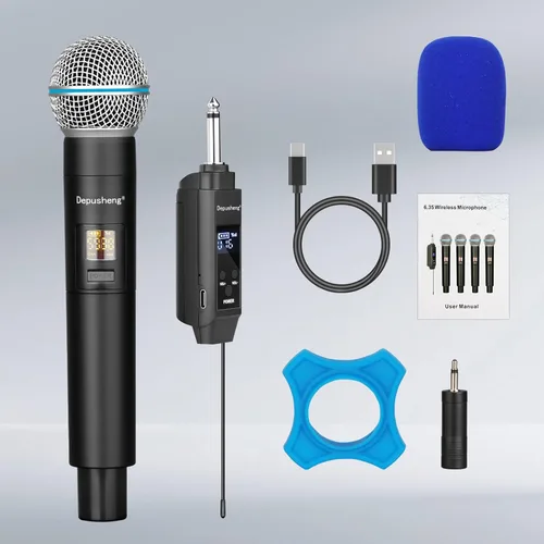 Vista 5 de Depusheng Micrófono inalámbrico, sistema profesional de micrófono dinámico inalámbrico de mano dual con receptor recargable (160 pies), juego