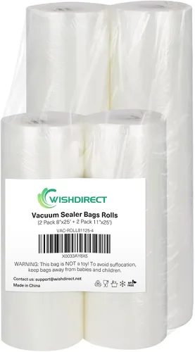 Rollos de bolsas selladoras al vacío compatibles con FoodSaver, paquete de 2 rollos de 11 pulgadas x 25 pies y 2 unidades de 8 x 25 pies para