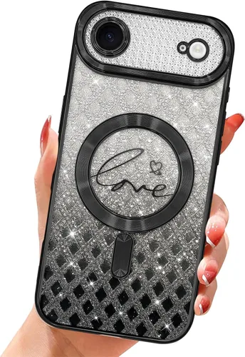 Vista 55 de Funda magnética transparente con purpurina para iPhone 14, compatible con Magsafe, diseño de corazón de amor, chapado de lujo, protector completo