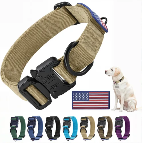 Vista 8 de Collar Táctico de Servicio Pesado para Perro Ajustable de Nailon para Mascotas Hebilla de Liberación Rápida con 2 Anillos en D con Parche para Negro