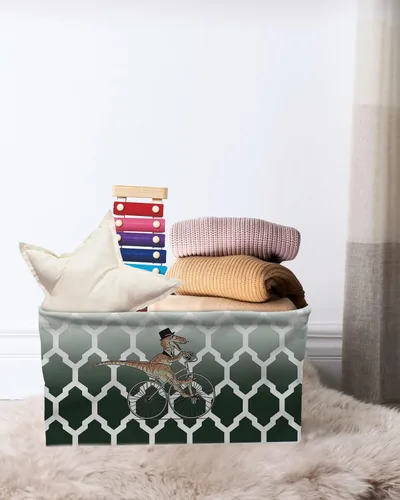 Vista 7 de Turquoise Ombre Dinosaur Storage Basket for Organizing Shelves, Collapsible Storage Bins Boxes with Handle, Modern White Geometric Abstract Art