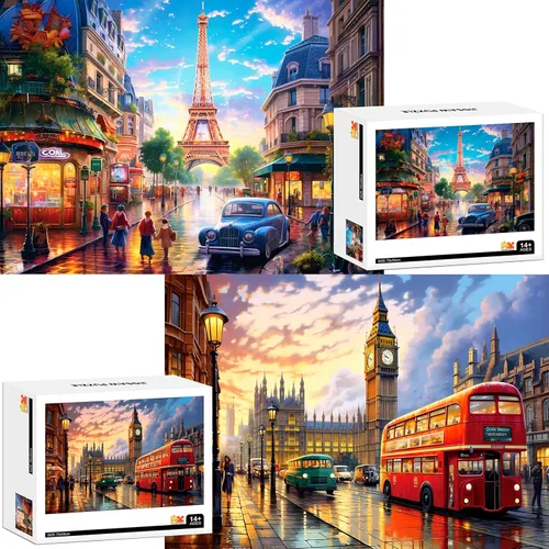 Paquete de 2 rompecabezas para adultos de 1000 piezas - Big Ben y Torre Eiffel, rompecabezas difíciles para adultos, decoraciones de rompecabezas