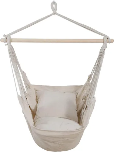 Vista 3 de Silla hamaca beige columpio colgante de cuerda silla de red porche patio con 2 cojines