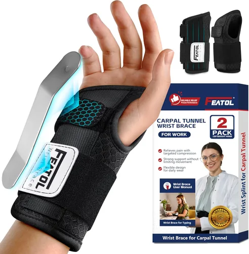 FEATOL Paquete de 2 muñequeras para túnel carpiano para el trabajo con férula de muñeca, soporte de mano de 6.5'' para noche para mujeres y hombres,
