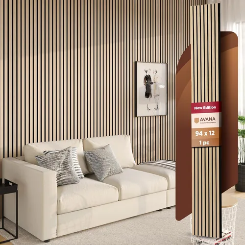 Vista 22 de Avana Paneles de pared de madera acústica de 94.4 x 12.6 pulgadas, 2 piezas de paneles acústicos de roble negro, paneles de pared para decoración